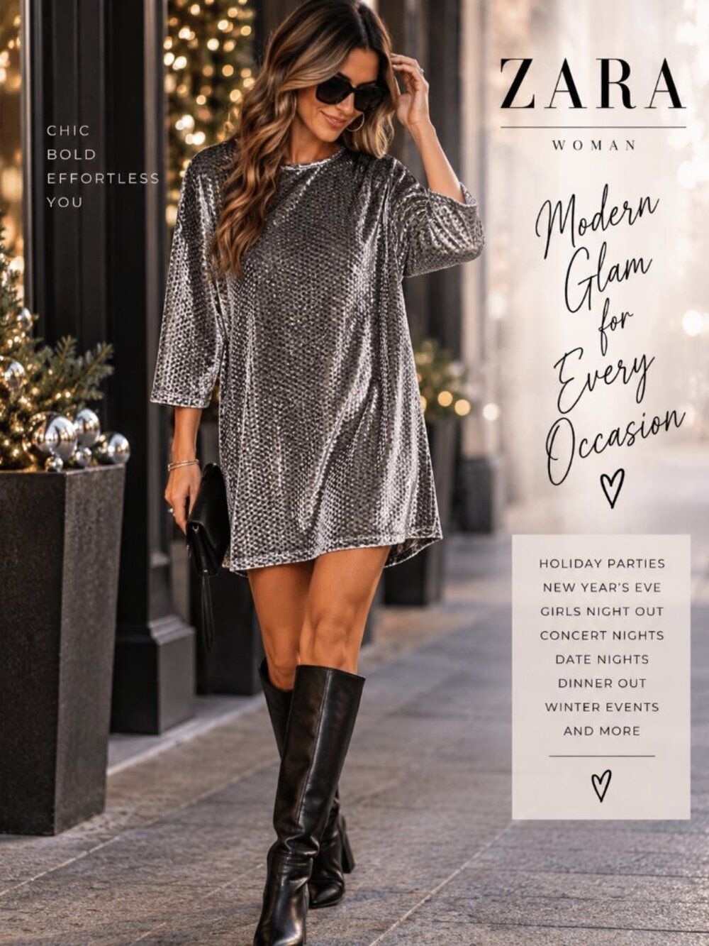 ZARA Silver Diamond Velvet Dress Small Oversized Metallic Shift Mini Party Tunic
